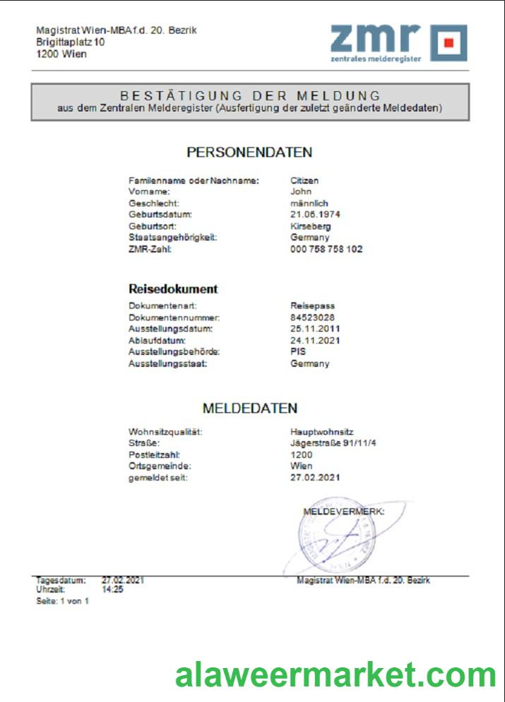 Austria ZMR Zentrales Melderegister Central register of residents document template in Word format